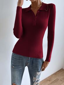 SHEIN Essnce Jersey con botón tejido de canalé - Burdeos - Ver 7