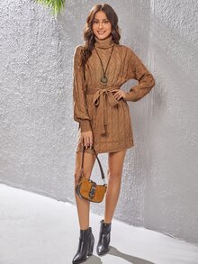 麻花編織高領落肩袖腰帶毛衣洋裝 - 駝色 - 查看 5