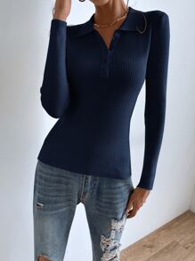 SHEIN Essnce Jersey con botón tejido de canalé - Azul Marino - Ver 5