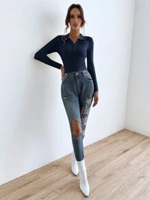 SHEIN Essnce Jersey con botón tejido de canalé - Azul Marino - Ver 6