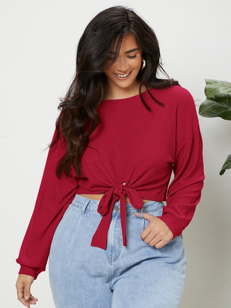 SHEIN EZwear T-Shirt mit sehr tief angesetzter Schulterpartie, Knoten - Bordeaux - Übersicht 1