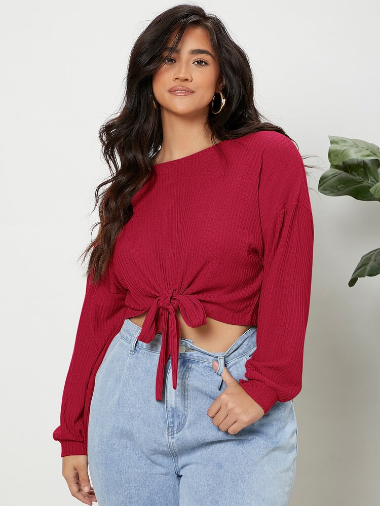 SHEIN EZwear T-Shirt mit sehr tief angesetzter Schulterpartie, Knoten - Bordeaux - Übersicht 3