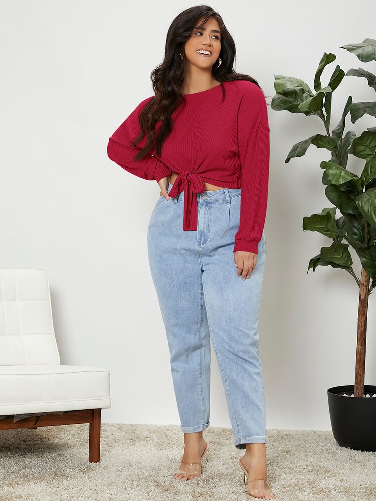 SHEIN EZwear T-Shirt mit sehr tief angesetzter Schulterpartie, Knoten - Bordeaux - Übersicht 5