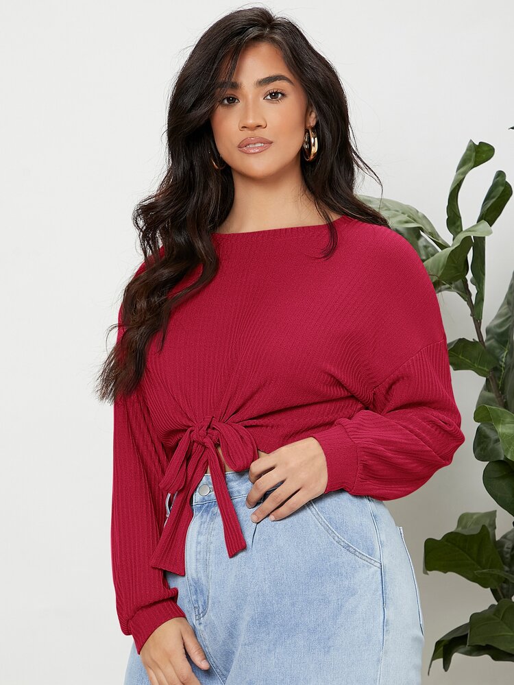 SHEIN EZwear T-Shirt mit sehr tief angesetzter Schulterpartie, Knoten - Bordeaux - Übersicht 6