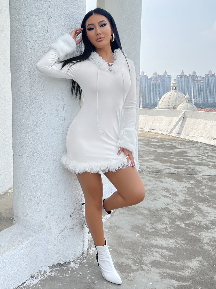 blue dress for baby girl Belladonna Faux Fur-Trim Turtleneck Mini Dress in White main image 0
