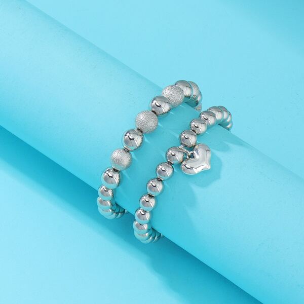 

2pcs Heart Charm Beaded Bracelet, Silver