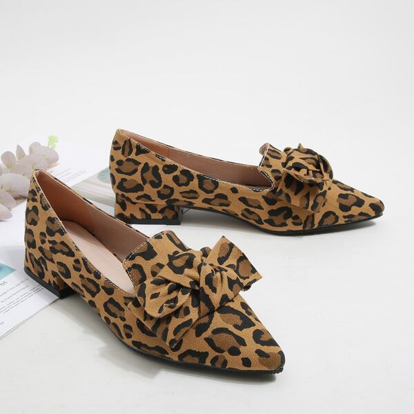 

Leopard Pattern Bow Decor Point Toe Flat Loafers, Multicolor