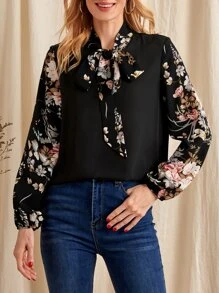 EMERY ROSE Floral Print Bishop Sleeve Tie Neck Blouse - Black - View 1