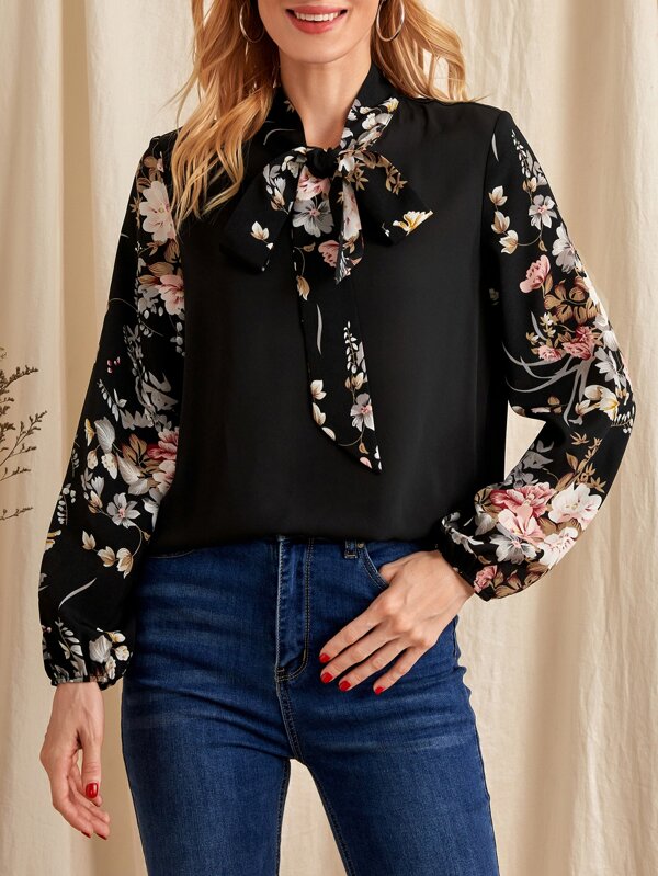 EMERY ROSE Bluse mit Blume Muster, Bischofärmeln, Schleife am Ausschnitt