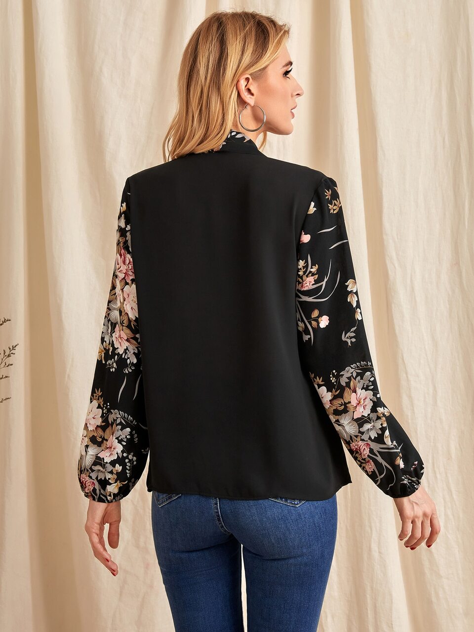 Floral Print Bishop Sleeve Tie Neck Blouse