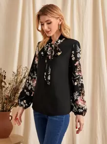 EMERY ROSE Floral Print Bishop Sleeve Tie Neck Blouse - Black - View 3