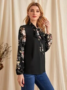EMERY ROSE Floral Print Bishop Sleeve Tie Neck Blouse - Black - View 4