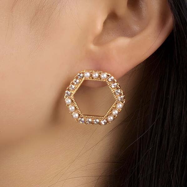 

Faux Pearl & Rhinestone Decor Geometric Stud Earrings, Gold