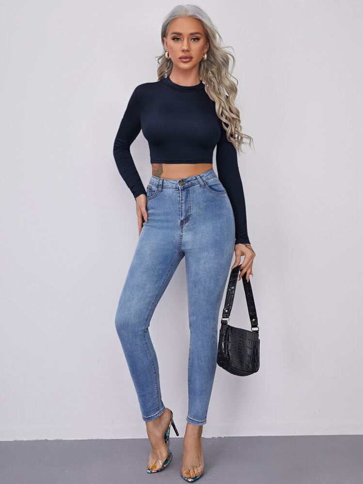 SHEIN Essnce 修身立领短款上衣 - 藏蓝色 - 查看 4