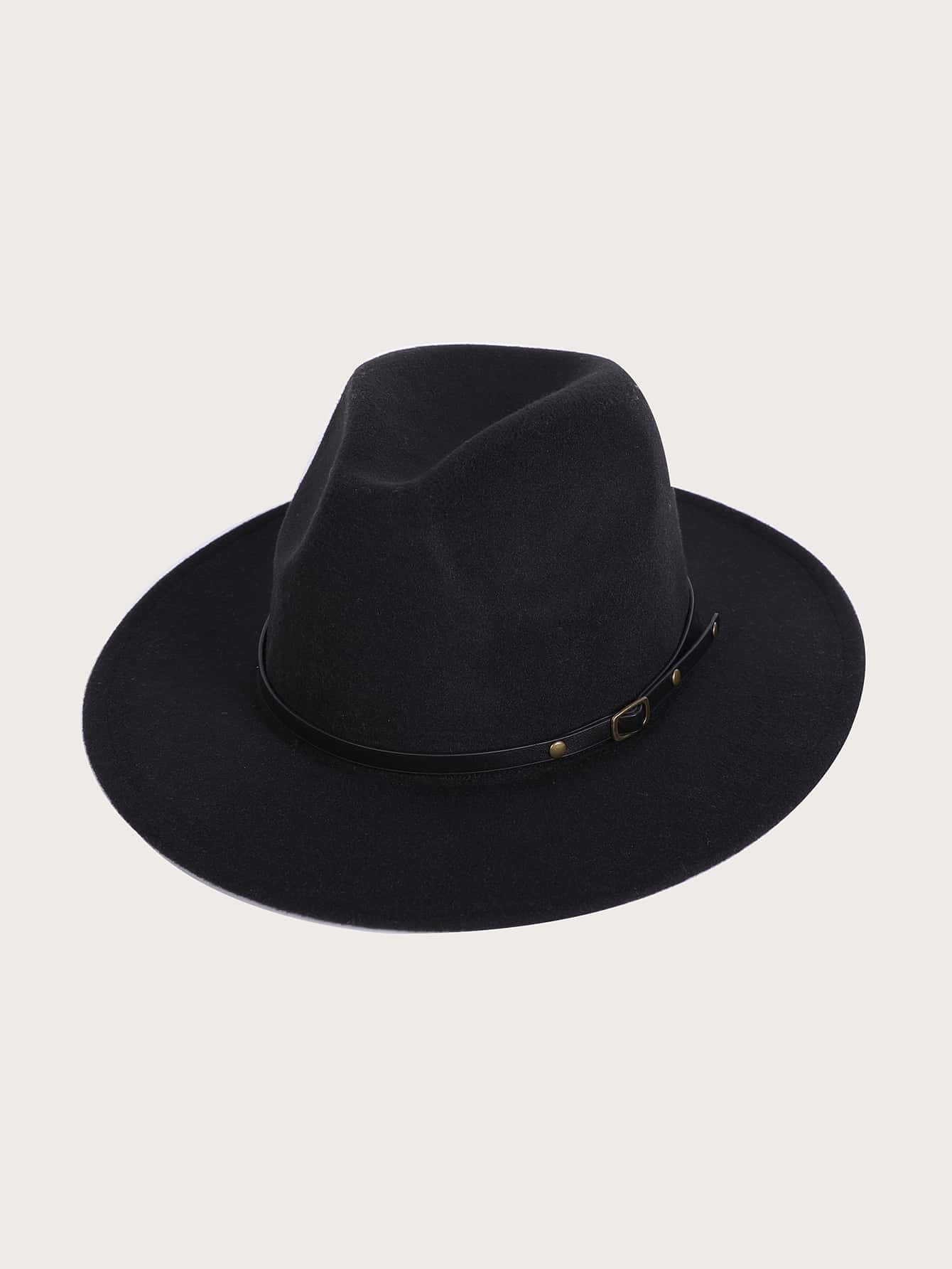 Buckle Decor Fedora Hat - Black - View 1