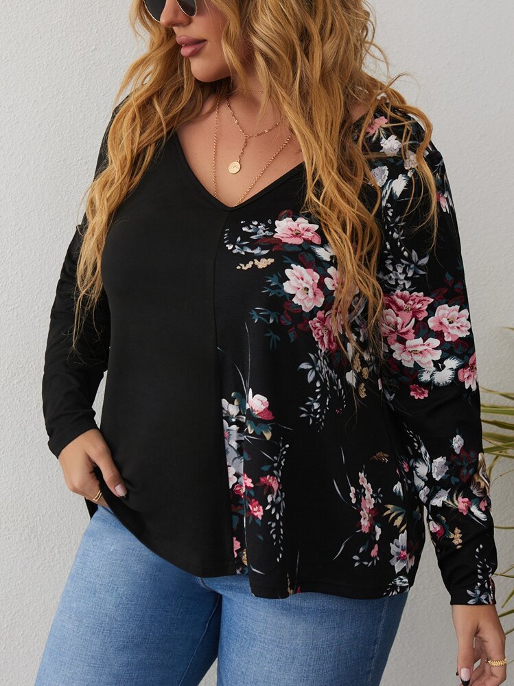 SHEIN Unity Plus Floral Panel V-neck Tee - Multicolor - View 1