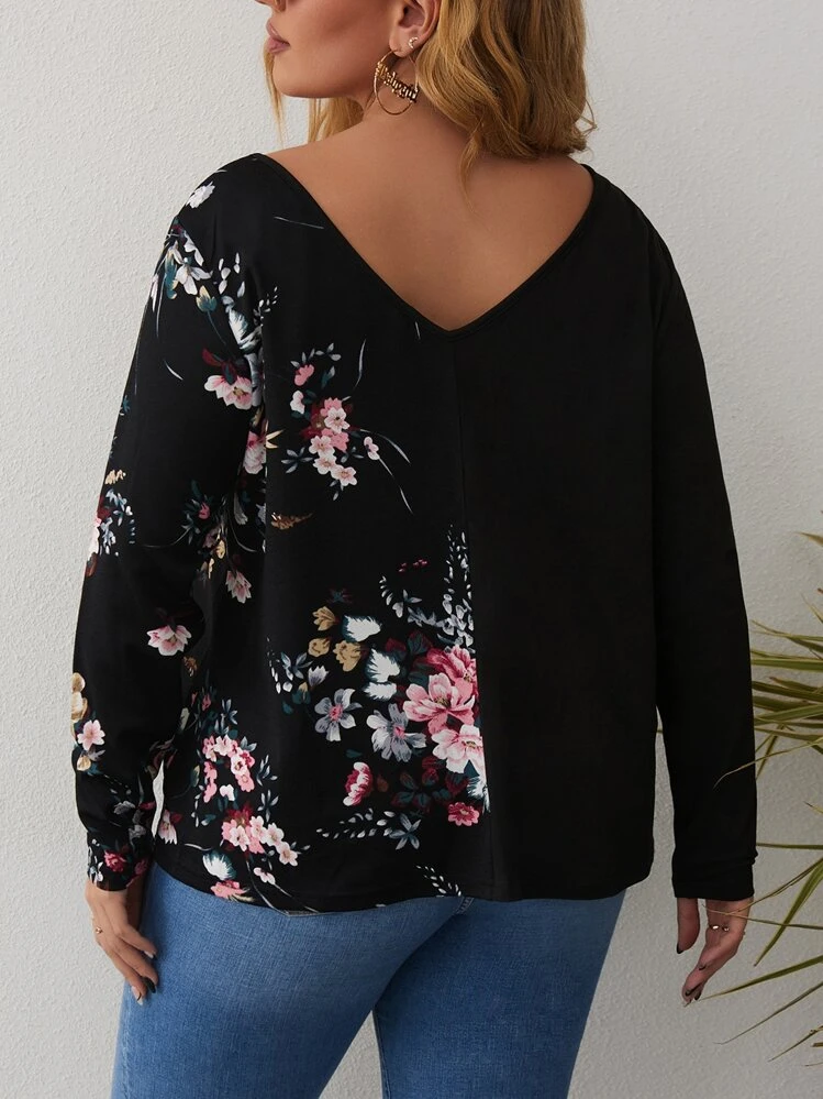 SHEIN Unity Plus Floral Panel V-neck Tee - Multicolor - View 2