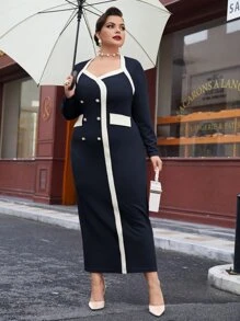 Modelyn Plus Contrast Trimmed Double Breasted Split Hem Bodycon Dress - Navy Blue - View 2