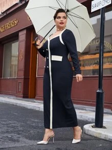 Modelyn Plus Contrast Trimmed Double Breasted Split Hem Bodycon Dress - Navy Blue - View 4