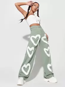 Women Jeans Tombol Kantong Zip Hati - Mint Green - View 1