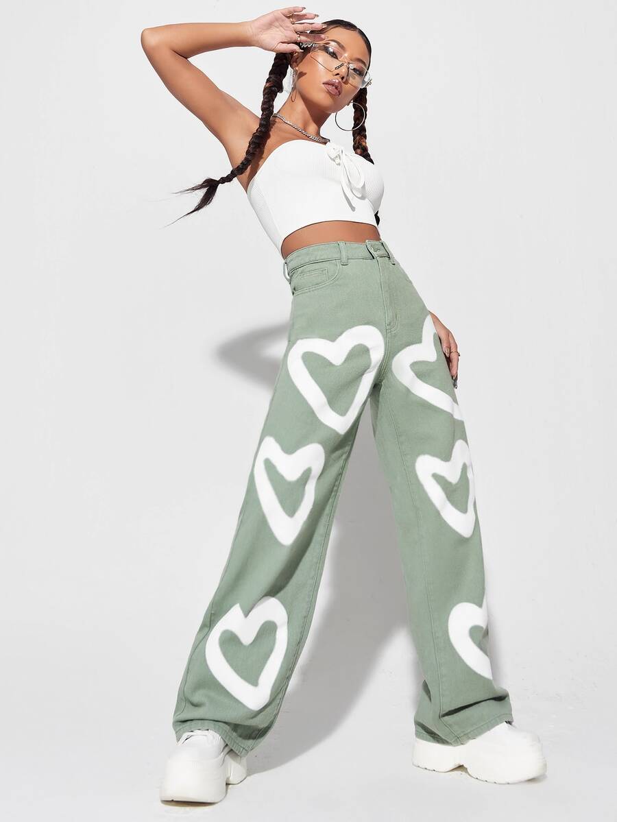 Women Jeans Tombol Kantong Zip Hati - Mint Green - View 1