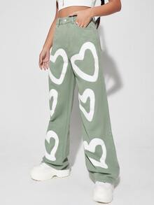 Women Jeans Tombol Kantong Zip Hati - Mint Green - View 3