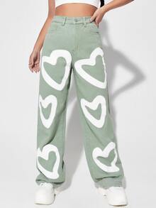 Women Jeans Tombol Kantong Zip Hati - Mint Green - View 4