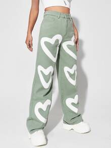 Women Jeans Tombol Kantong Zip Hati - Mint Green - View 5