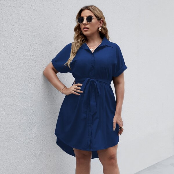 

Plus Solid Button Front Belted Shirt Dress, Navy blue