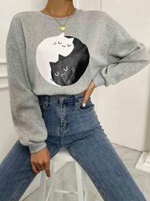 Drop Shoulder Cat Graphic Sweatshirt - Light Grey - View 1