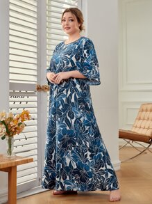 Mulvari Plus Allover Floral Print Tunic Dress - Blue - View 5