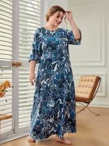 Mulvari Plus Allover Floral Print Tunic Dress - Blue - View 1