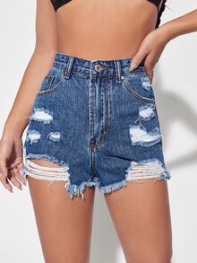 Shorts en mezclilla bajo crudo rotos - Azul lavado medio - Ver 4