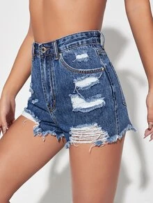 Shorts en mezclilla bajo crudo rotos - Azul lavado medio - Ver 5