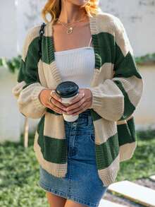 Simplee Colour Block Drop Shoulder Slant Pockets Cardigan - Multicolor - View 4