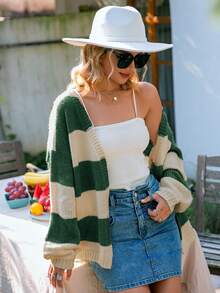 Simplee Colour Block Drop Shoulder Slant Pockets Cardigan - Multicolor - View 5