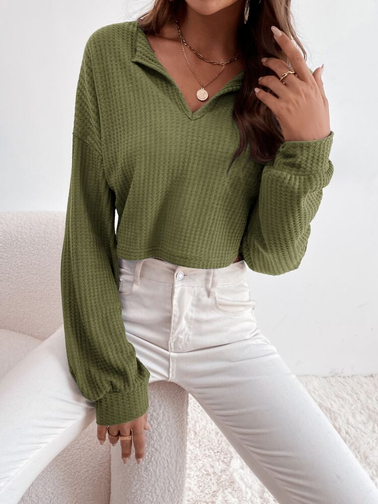SHEIN Unity Drop Shoulder Waffle Knit Tee - Army Green - View 3