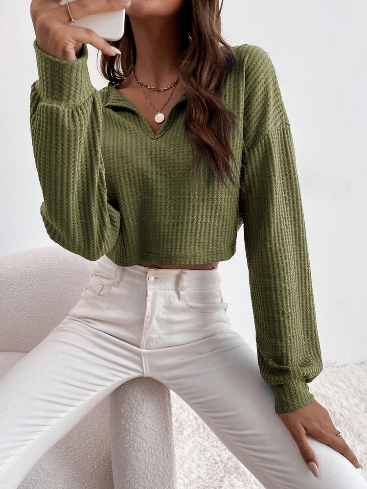 SHEIN Unity Drop Shoulder Waffle Knit Tee - Army Green - View 6