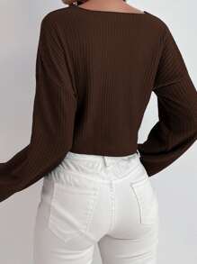 Chiquease Camiseta de punto de gofre con hombros caídos, ropa de otoño para mujeres - Marrón Chocolate - Ver 2