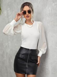 SHEIN Privé Mesh Panel Lantern Sleeve Tee - White - View 1