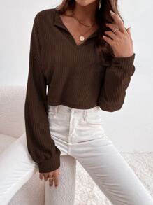 Chiquease Camiseta de punto de gofre con hombros caídos, ropa de otoño para mujeres - Marrón Chocolate - Ver 3