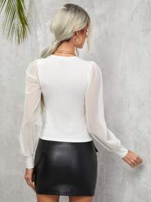 SHEIN Privé Mesh Panel Lantern Sleeve Tee - White - View 2
