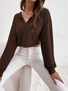 Chiquease Camiseta de punto de gofre con hombros caídos, ropa de otoño para mujeres - Marrón Chocolate - Ver 5