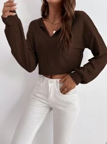 Chiquease Camiseta de punto de gofre con hombros caídos, ropa de otoño para mujeres - Marrón Chocolate - Ver 6