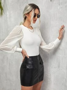 SHEIN Privé Mesh Panel Lantern Sleeve Tee - White - View 4