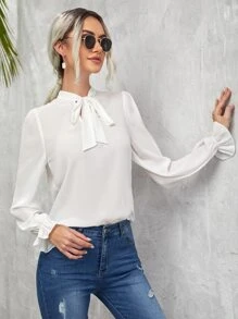 SHEIN Clasi 素色前繫帶襯衫 - 白色 - 查看 3