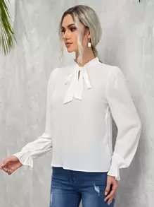 SHEIN Clasi 素色前繫帶襯衫 - 白色 - 查看 4