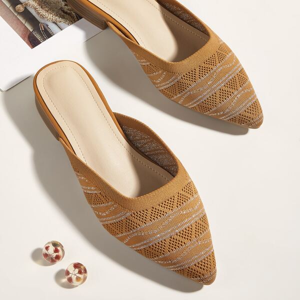 

Point Toe Knit Flat Mules, Brown