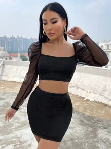 SHEIN SXY Bộ đồ hai mảnh nữ Tương phản Mesh màu trơn Thanh lịch - màu đen - Xem 3