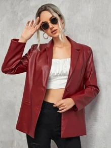 SHEIN Single Breasted PU Leather Blazer - Burgundy - View 1